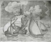 Flota de galeras, escoltadas por una carabela. Obra de Brueghel.
