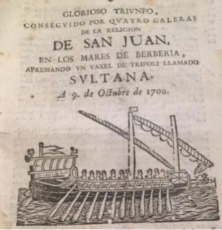 Detalle de la portada de un documento de 4 h. en el que se narra la victoria conseguida por esta órden, publicado en Barcelona, 1700. Colección particular.