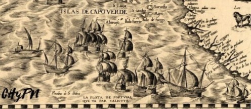 La flota portuguesa, camino a las Indias Orientales. Detalle Mapa D. Gutiérrez (s. XVI)